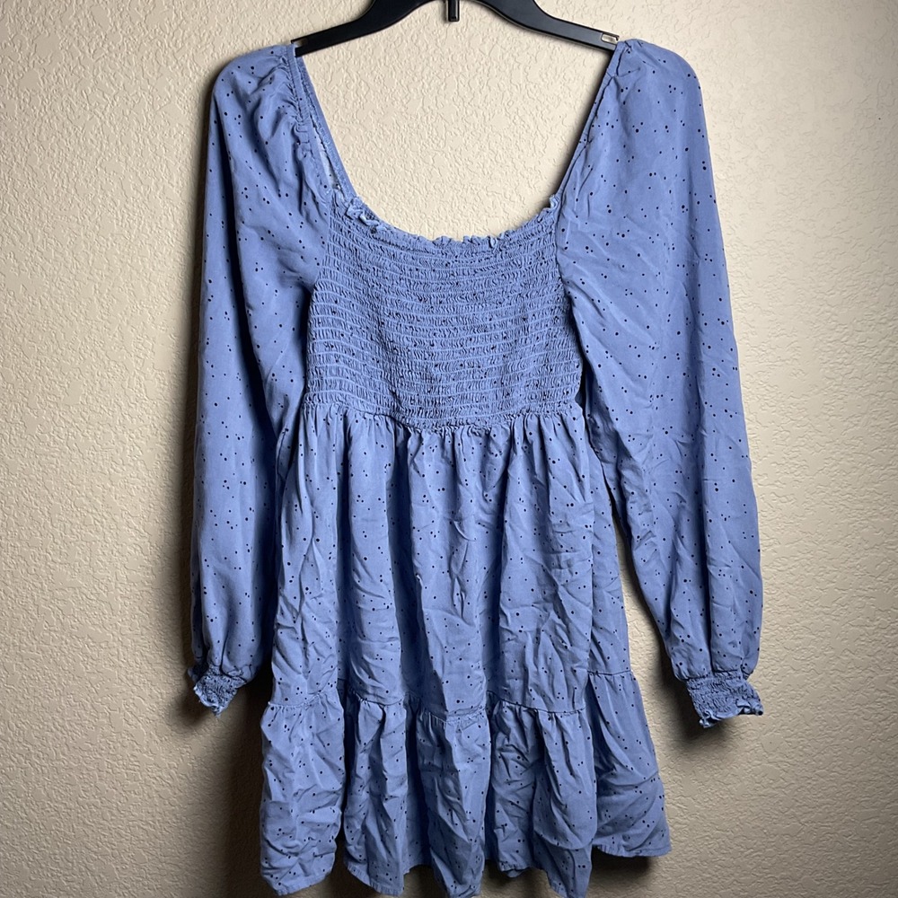 Love, Fire Womens Medium Blue Polka Dot Smocked Mini Long Sleeve Unlined Dress